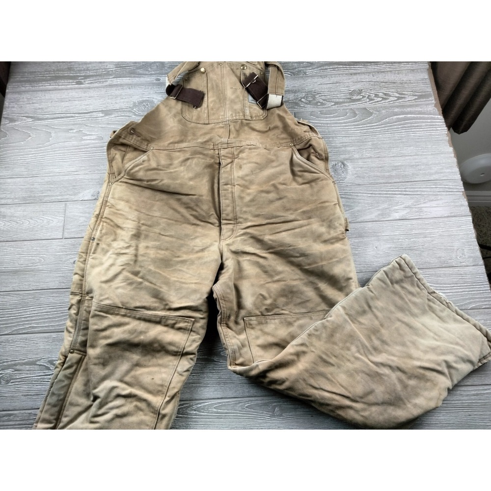 Carhartt Men Duck Lined Bib Overall Workwear Brown Distressed 42x32